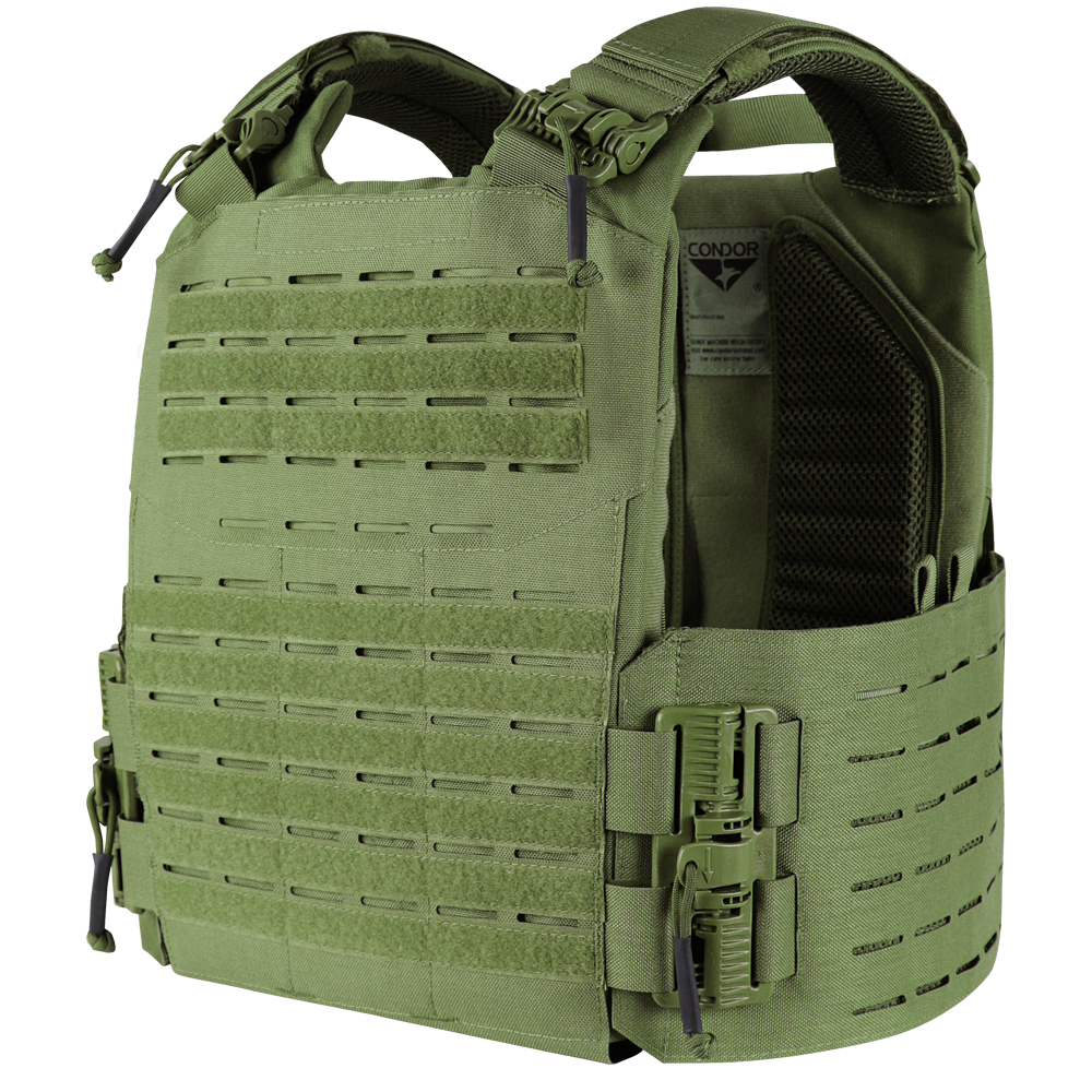 The Condor Vanquish RS Plate Carrier features adjustable shoulder straps, laser-cut MOLLE webbing, side buckles, and an interior brand tag—ideal for everyday carry or use at the shooting range.