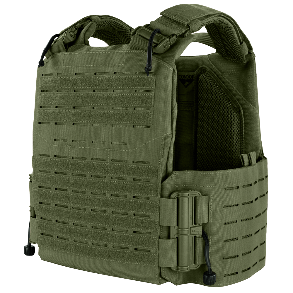 The Condor Vanquish RS Plate Carrier is an olive green vest featuring adjustable straps, MOLLE webbing, and padded shoulders, designed for use as body armor.