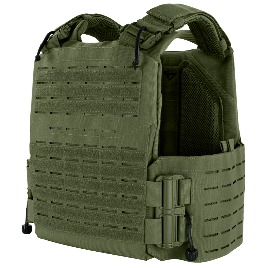 The Condor Vanquish RS Plate Carrier is an olive green vest featuring adjustable straps, MOLLE webbing, and padded shoulders, designed for use as body armor.