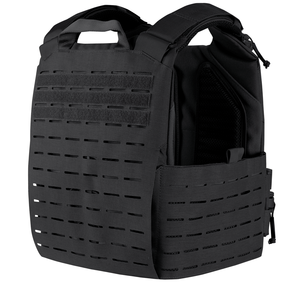 The Condor Vanquish RS Plate Carrier is a black vest featuring modular laser-cut webbing, adjustable shoulder straps, and side panels—ideal for law enforcement use or the shooting range.
