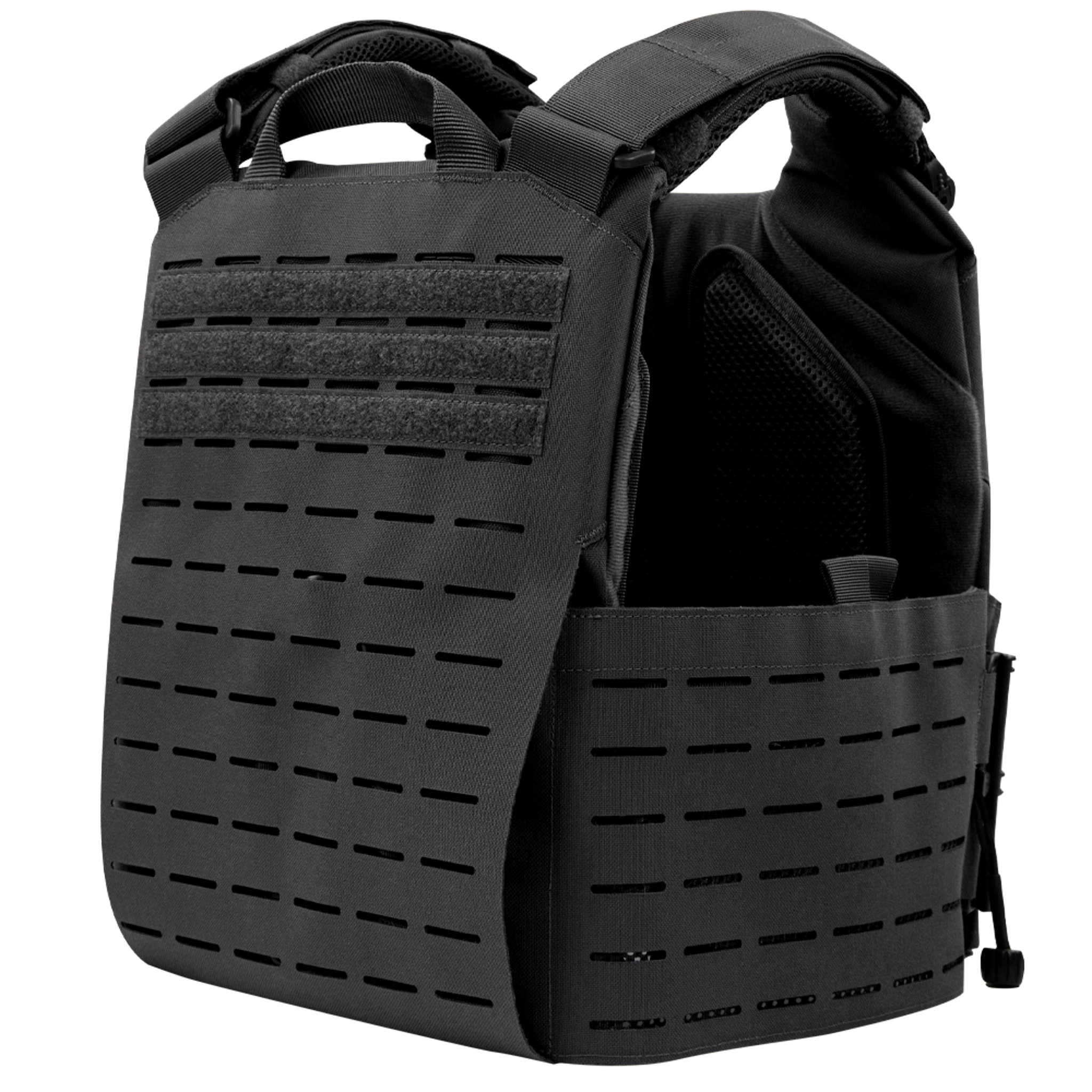 The Condor Vanquish RS Plate Carrier is a black tactical vest with laser-cut MOLLE webbing, adjustable shoulder straps, and reinforced grab handles, displayed on a white background.