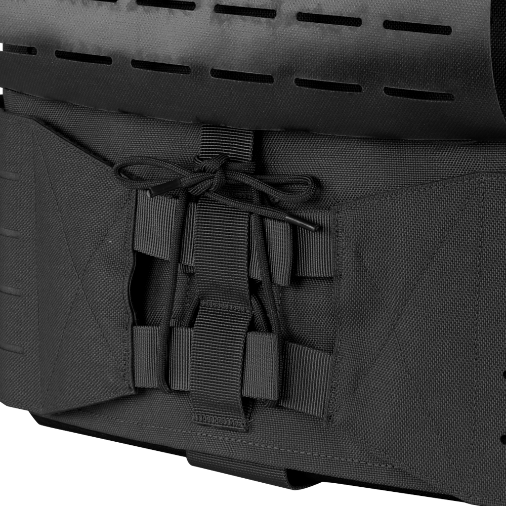 Close-up of the Condor Vanquish RS Plate Carrier in black, featuring webbing, straps, and a front panel laced with shock cord for adjustable fit and versatile attachment options.