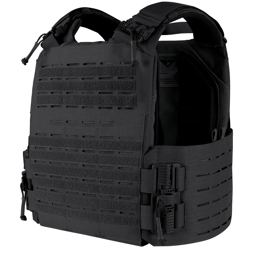 The Condor Vanquish RS Plate Carrier features laser-cut MOLLE slots, adjustable shoulder straps, and quick-release side buckles—perfect for EDC or law enforcement—shown against a white background.