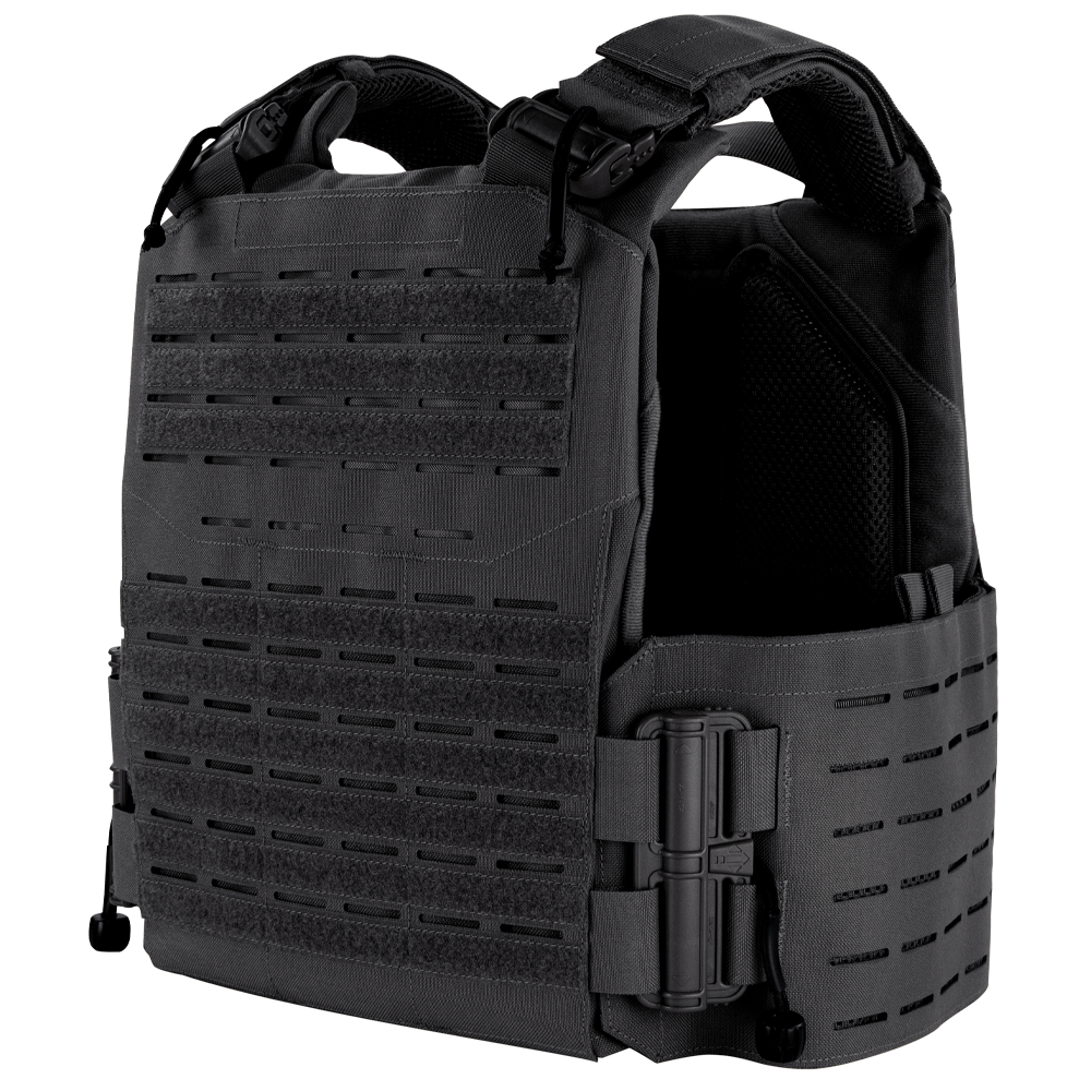 The Condor Vanquish RS Plate Carrier in black features adjustable shoulder straps, MOLLE webbing, side panels, and a front flap, displayed against a plain white background.