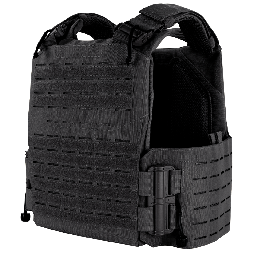 The Condor Vanquish RS Plate Carrier in black features adjustable shoulder straps, MOLLE webbing, side panels, and a front flap, displayed against a plain white background.