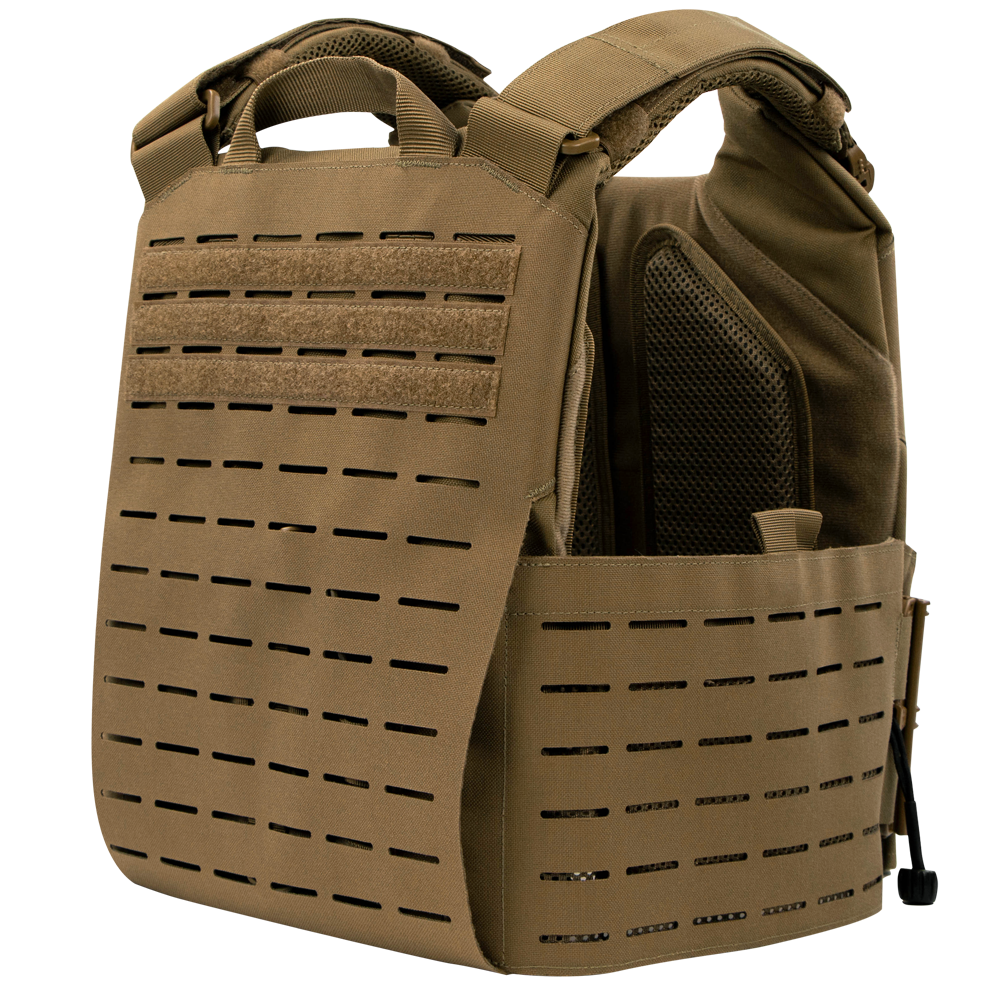 The Condor Vanquish RS Plate Carrier features a tan design with laser-cut MOLLE slots, adjustable shoulder straps, and padded mesh lining for comfort.