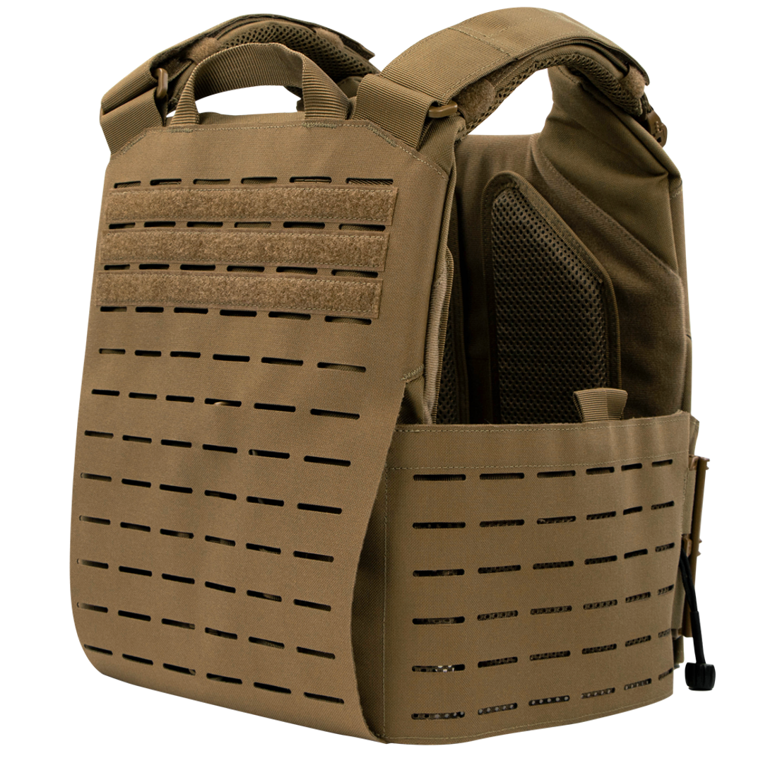 The Condor Vanquish RS Plate Carrier features a tan design with laser-cut MOLLE slots, adjustable shoulder straps, and padded mesh lining for comfort.