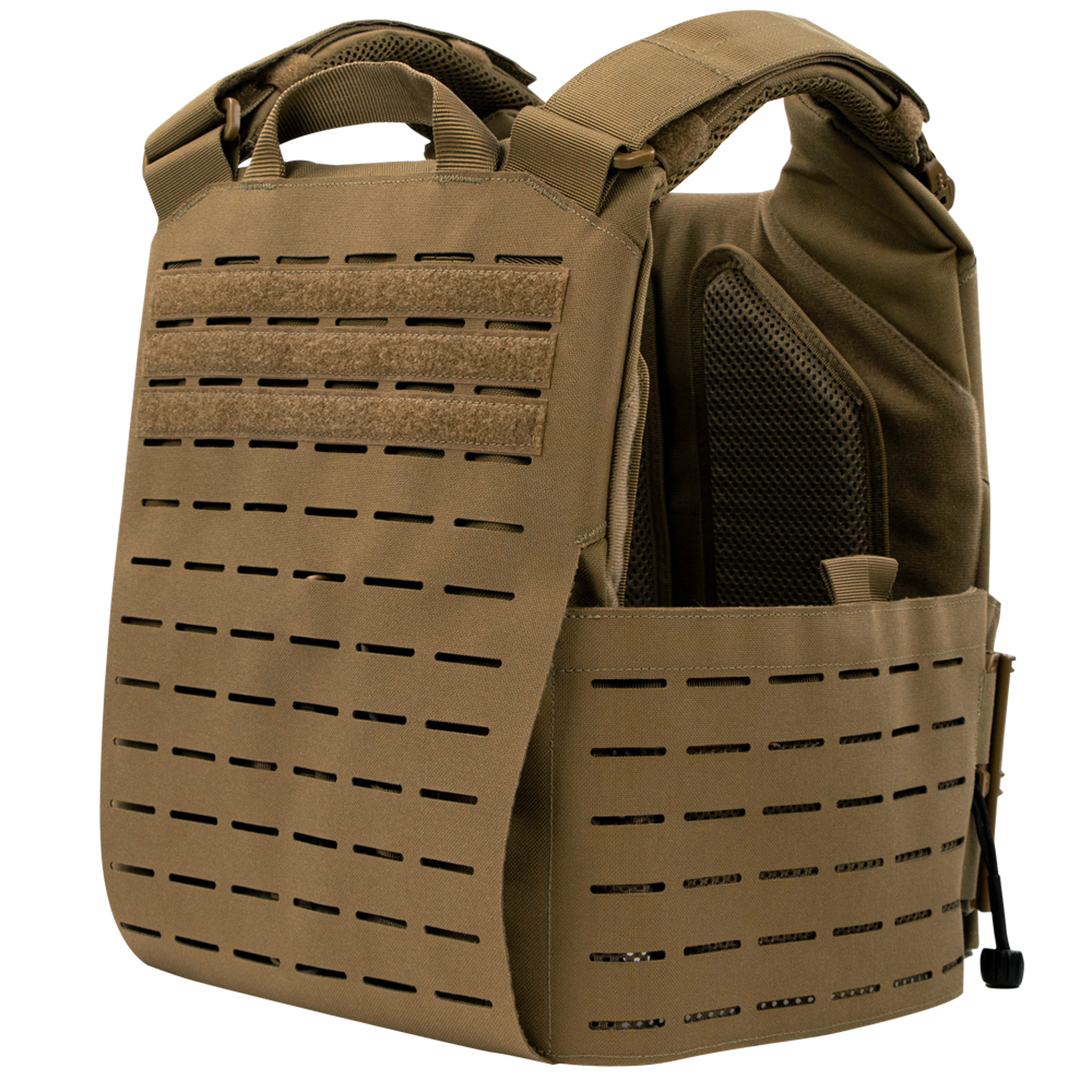 The Condor Vanquish RS Plate Carrier in tan features laser-cut MOLLE webbing, adjustable shoulder straps, and a padded interior, displayed at a three-quarter angle on a white background.