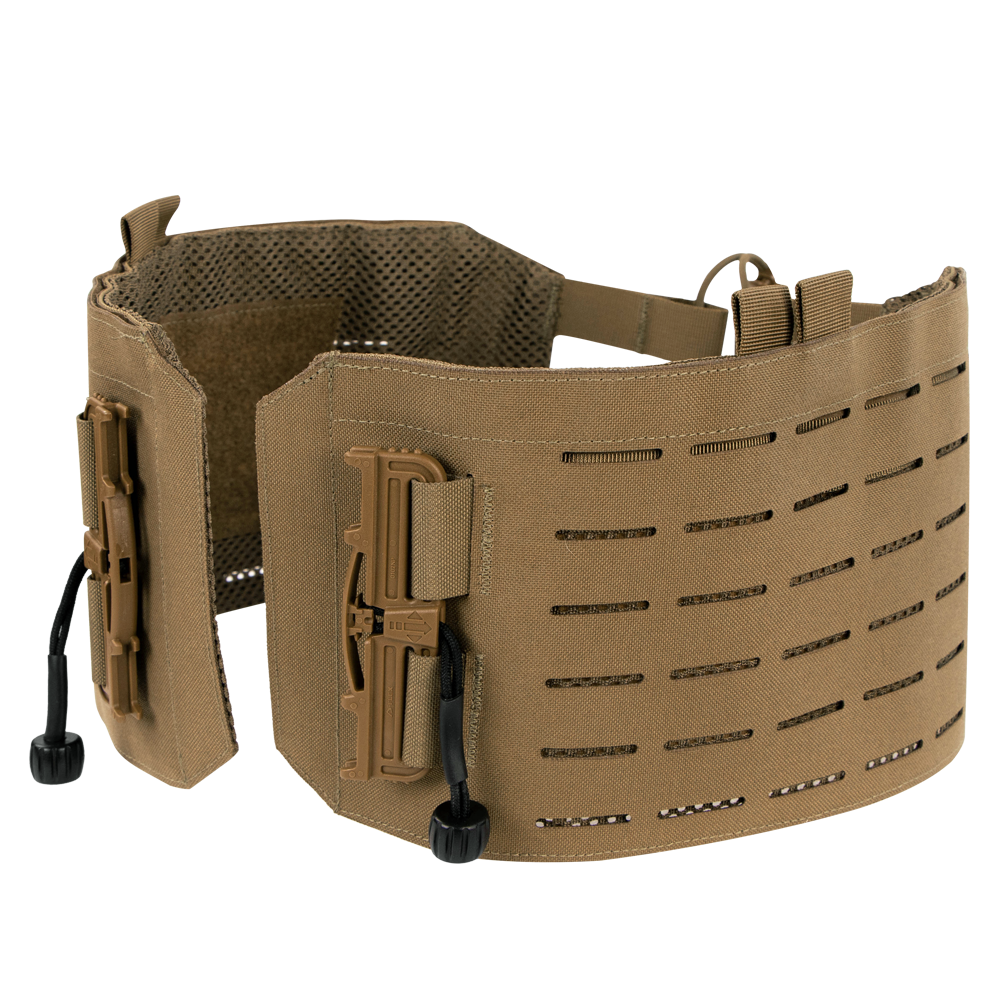The Condor Vanquish RS Plate Carrier features a tan tactical cummerbund with laser-cut MOLLE slots, mesh interior, and quick-release buckles, designed for modular body armor systems and shown on a white background.