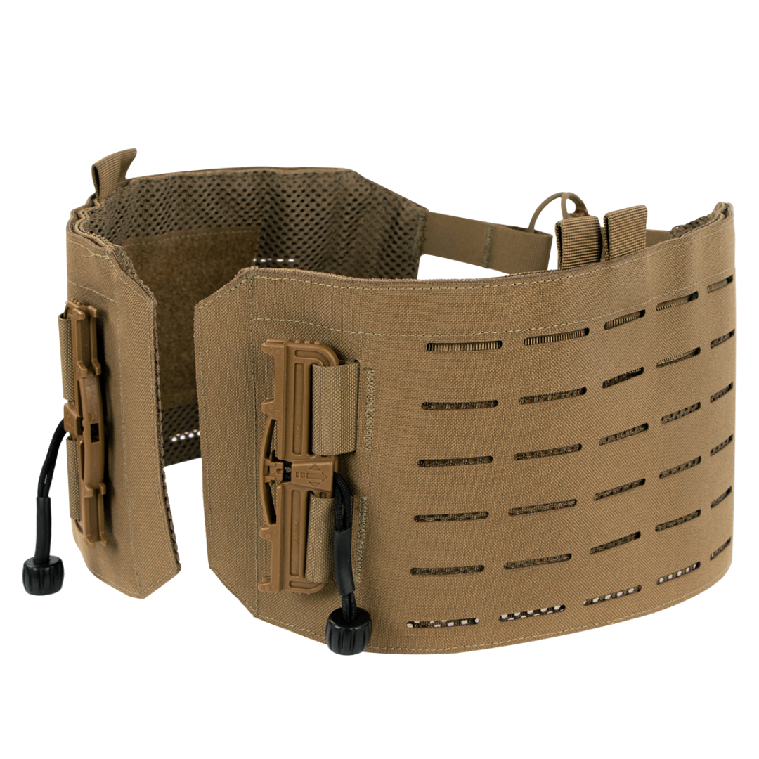 The Condor Vanquish RS Plate Carrier features a tan tactical cummerbund with laser-cut MOLLE slots, mesh interior, and quick-release buckles, designed for modular body armor systems and shown on a white background.