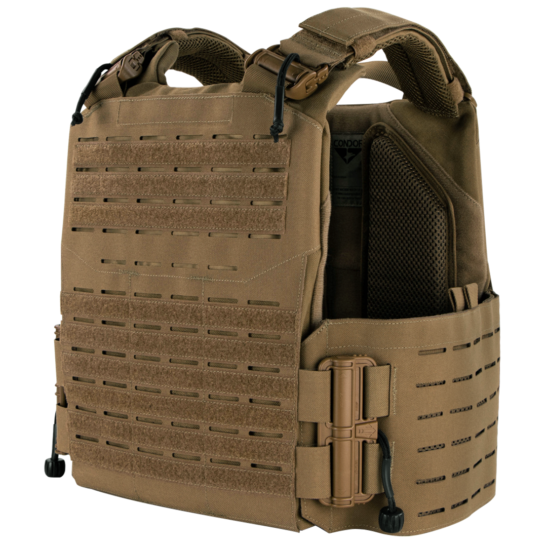 The Condor Vanquish RS Plate Carrier in Coyote Brown features laser-cut MOLLE panels, adjustable straps, quick-release buckle, and padded shoulder sections.