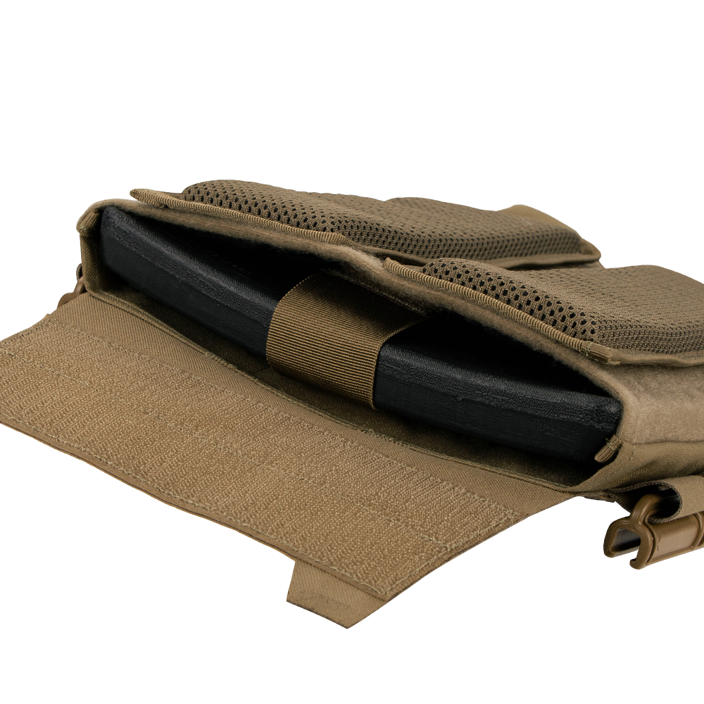 A close-up of the Condor Vanquish RS Plate Carrier shows a brown pocket with a black ballistic plate partially inserted and secured by a horizontal strap.