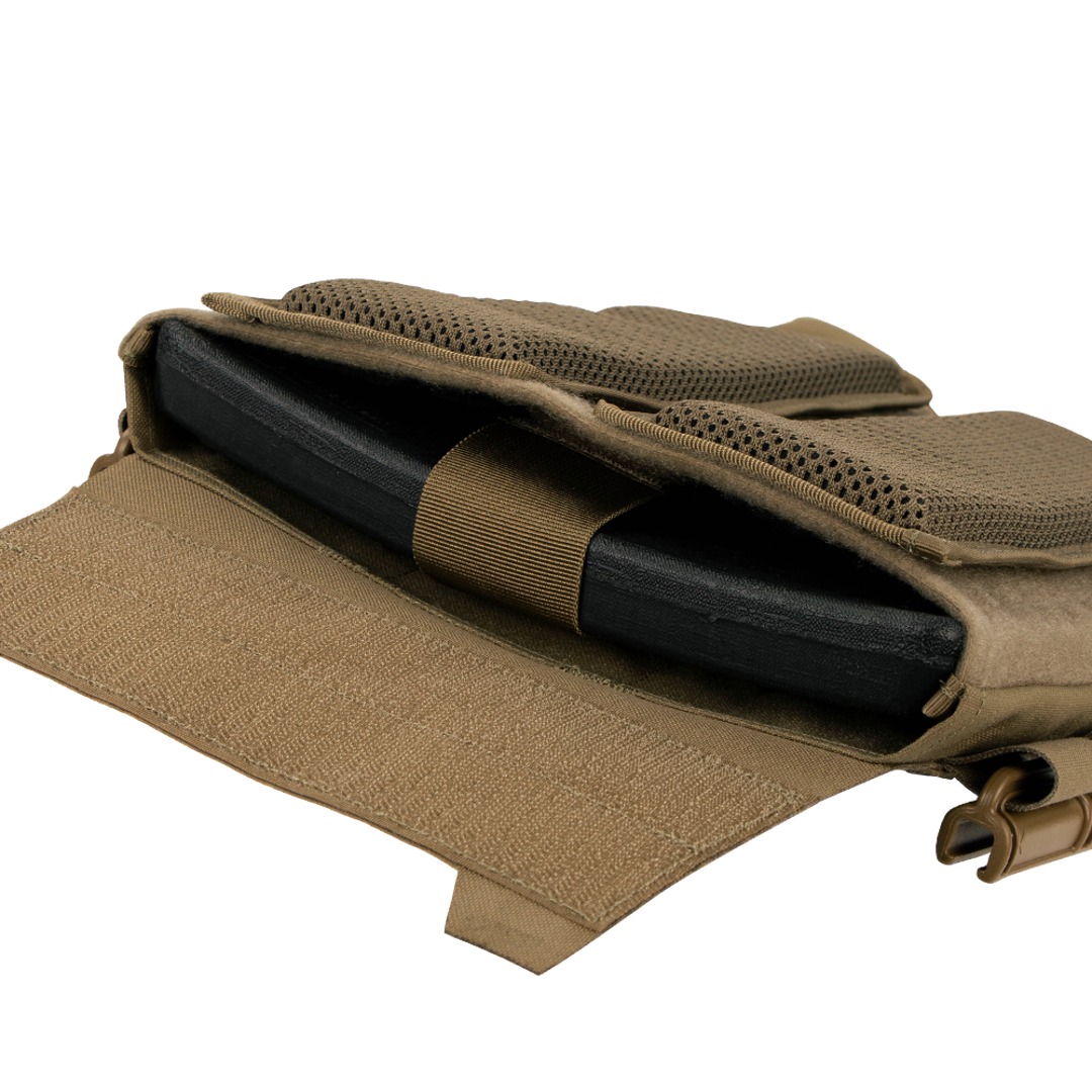 A close-up of the Condor Vanquish RS Plate Carrier shows a brown pocket with a black ballistic plate partially inserted and secured by a horizontal strap.