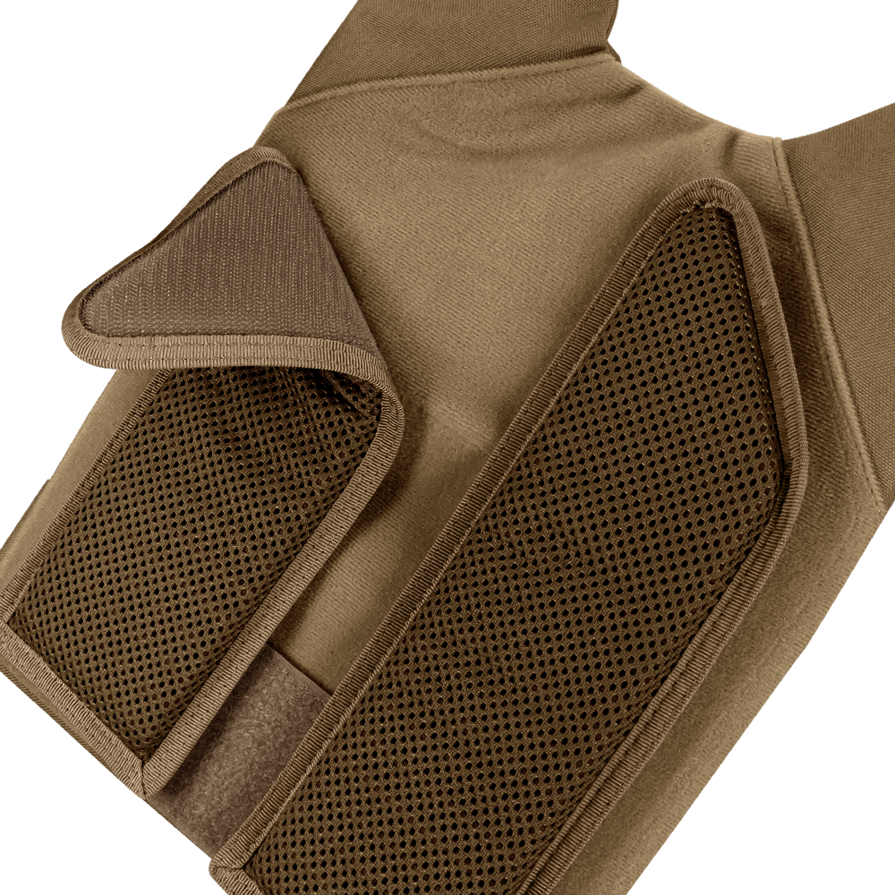 Close-up of the Condor Vanquish RS Plate Carrier in tan, featuring mesh padding and Velcro closure, shown on a white background.