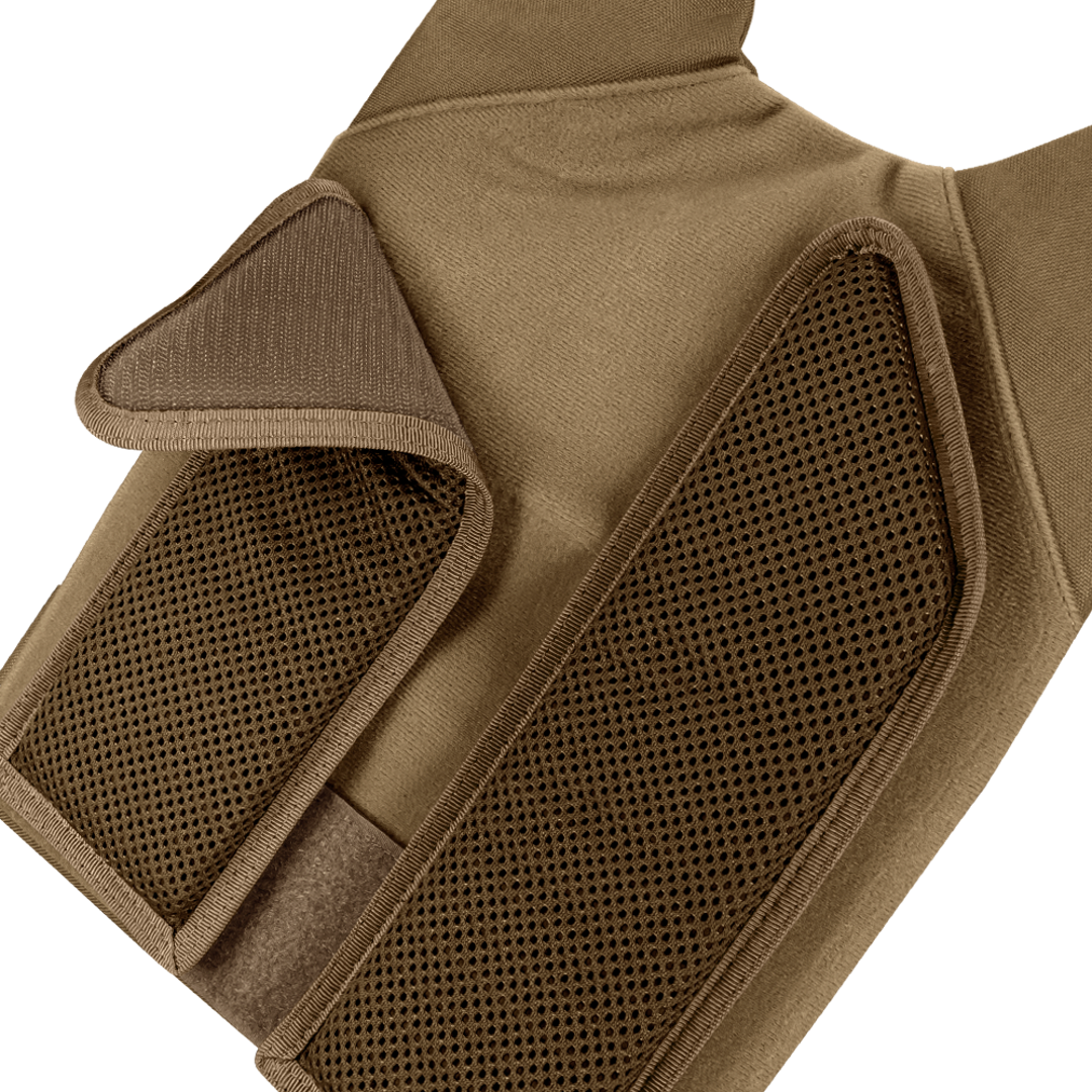 Close-up of the Condor Vanquish RS Plate Carrier in tan, featuring mesh padding and Velcro closure, shown on a white background.