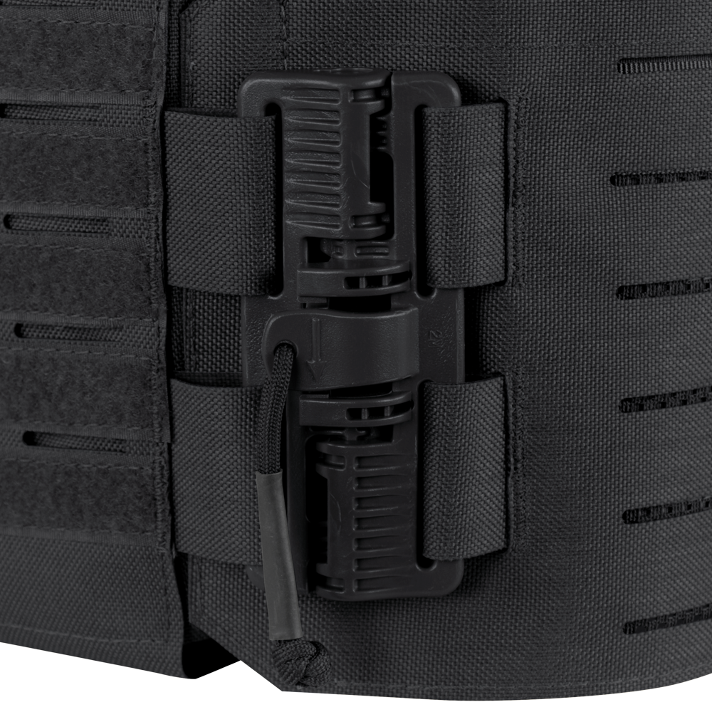 Close-up of a black plastic buckle and strap system on textured fabric, featured on the Vanquish RS Plate Carrier by Condor.