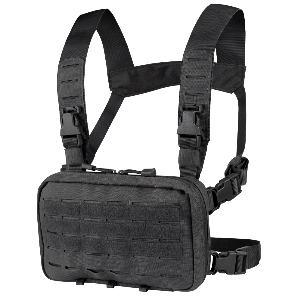 The Condor Stowaway Chest Rig features adjustable shoulder and waist straps, a zippered pouch, and a laser-cut MOLLE front panel—perfect for military or law enforcement use.