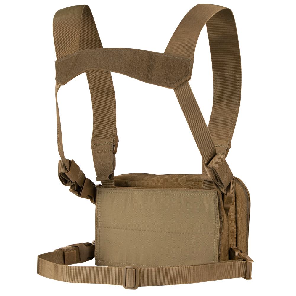 The Condor Stowaway Chest Rig is a tan military chest rig with adjustable shoulder and waist straps, and a front pouch for carrying tactical gear or supplies.