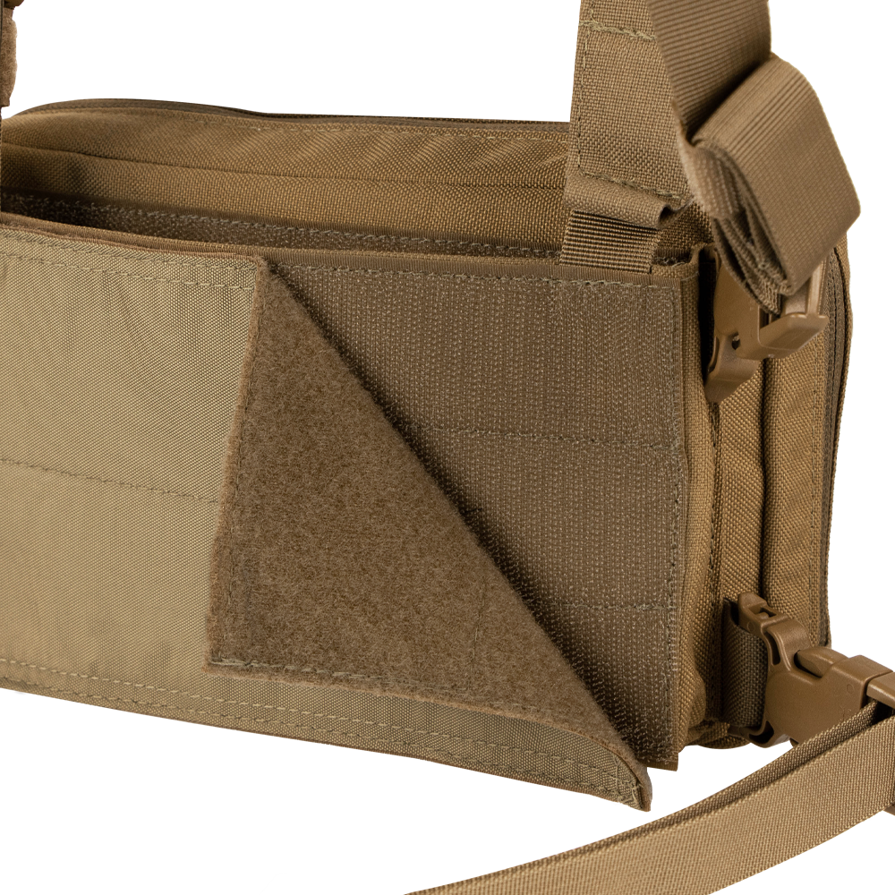 Close-up of the Condor Stowaway Chest Rig in tan, featuring a rugged texture and partially open Velcro flap—designed for military and first responder use.
