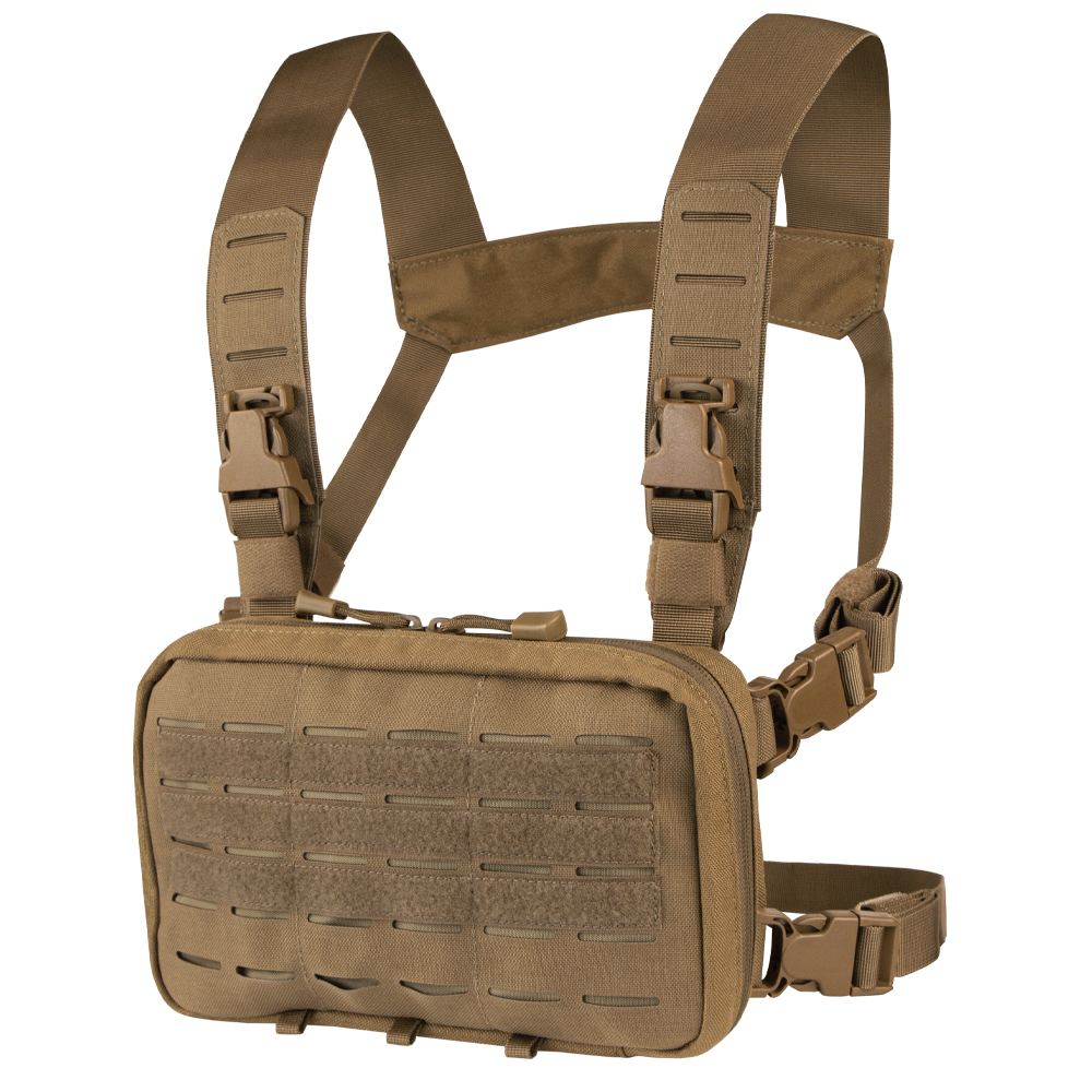 The Condor Stowaway Chest Rig is a tan tactical rig with adjustable straps, plastic buckles, a front pouch with MOLLE webbing, and hook-and-loop panels—ideal for military and first responder use.