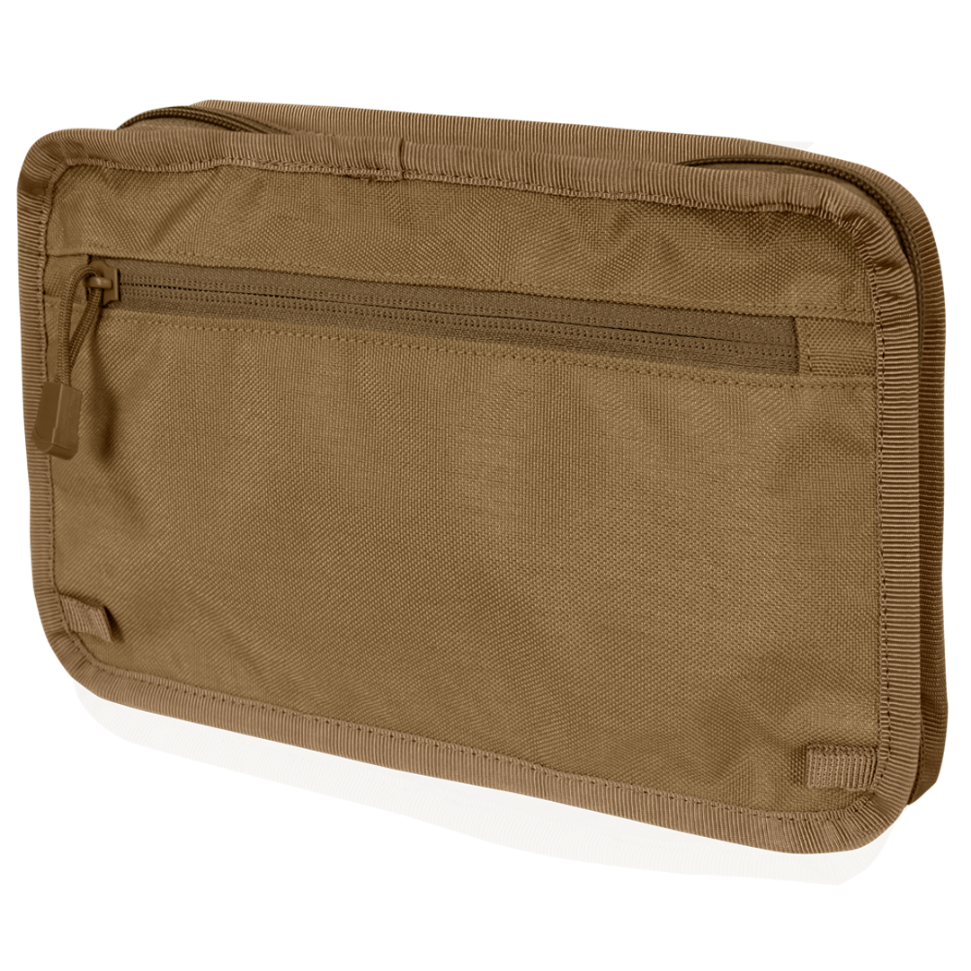 The Condor Stowaway Chest Rig is a tan rectangular zippered pouch crafted from durable fabric, with a front zipper pocket and reinforced edges—perfect for law enforcement or first responders.