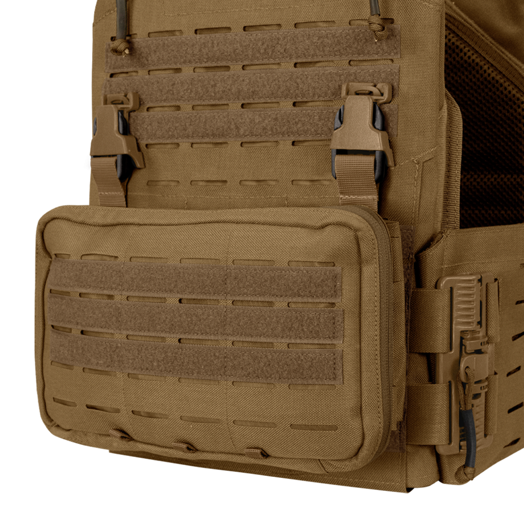 Close-up of the Condor Stowaway Chest Rig in tan, designed for law enforcement and first responders with a large front pouch, laser-cut MOLLE webbing, and adjustable straps.