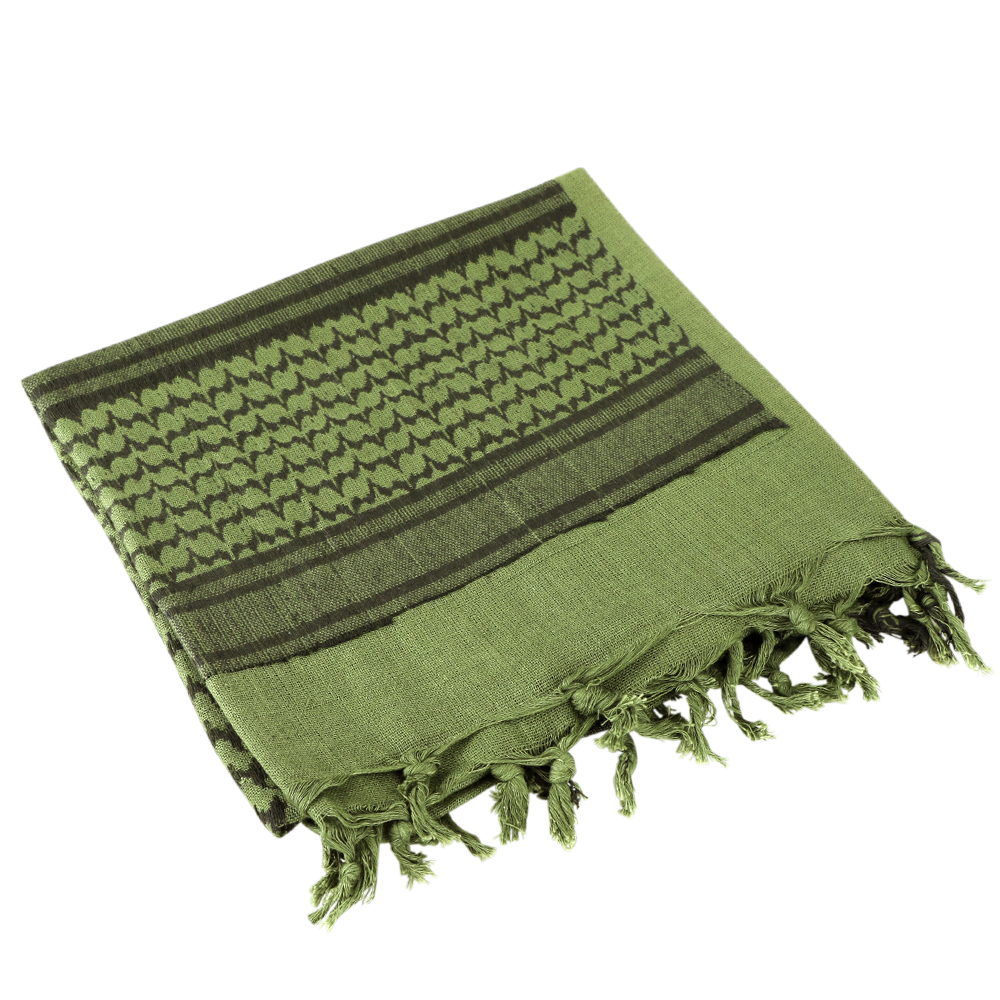 The Condor Shemagh in Olive Drab & Black features tasseled edges and a bold pattern, making it ideal as stylish headwear or a versatile protective layer.