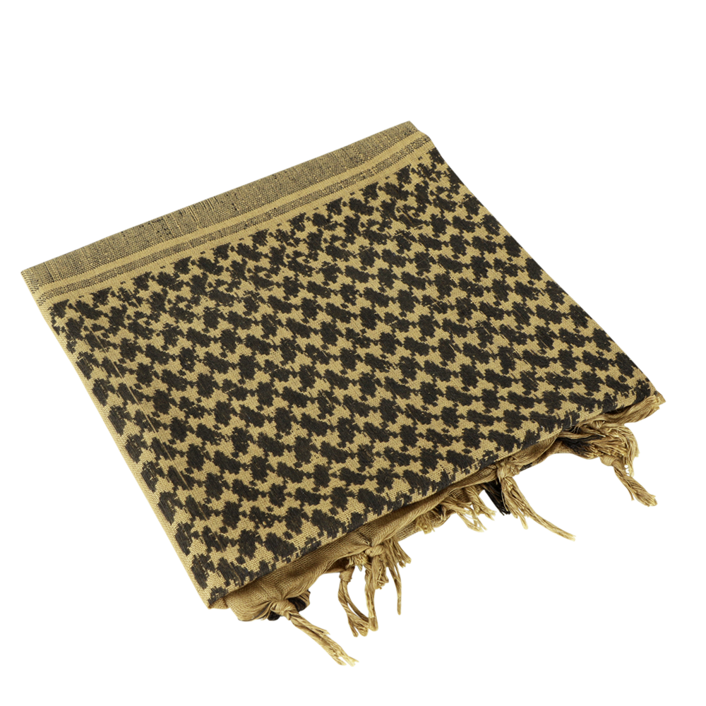 A Condor Shemagh in tan & black with a patterned design and tasseled edges is shown folded on a plain background, perfect for use as headwear or protective gear.