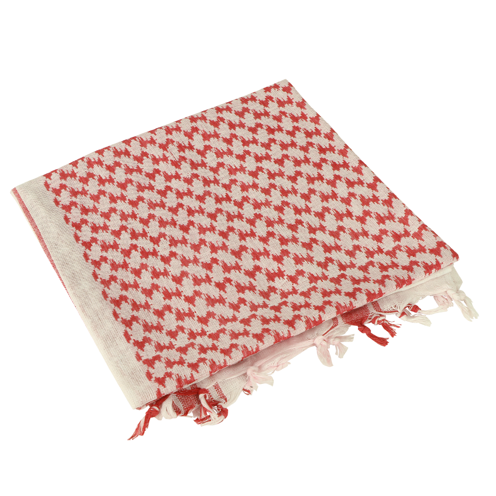 The Condor Shemagh in red & white is a traditional 100% cotton scarf with fringed edges, shown folded on a plain background.