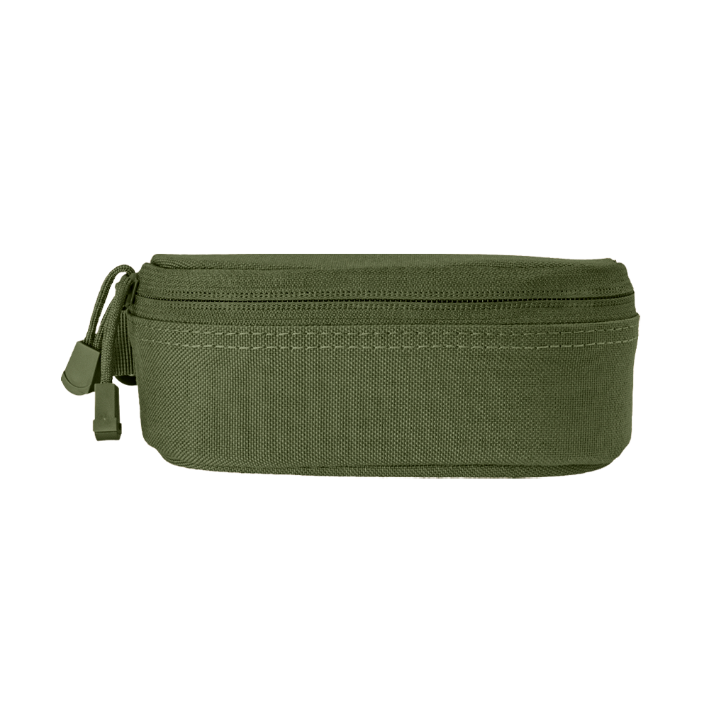 Condor Sunglasses Case in olive green features a fabric loop and two zipper pulls, shown against a plain white background.