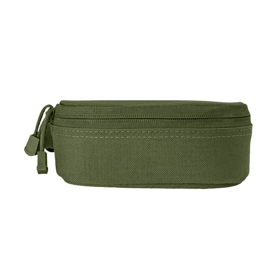 Condor Sunglasses Case in olive green features a fabric loop and two zipper pulls, shown against a plain white background.
