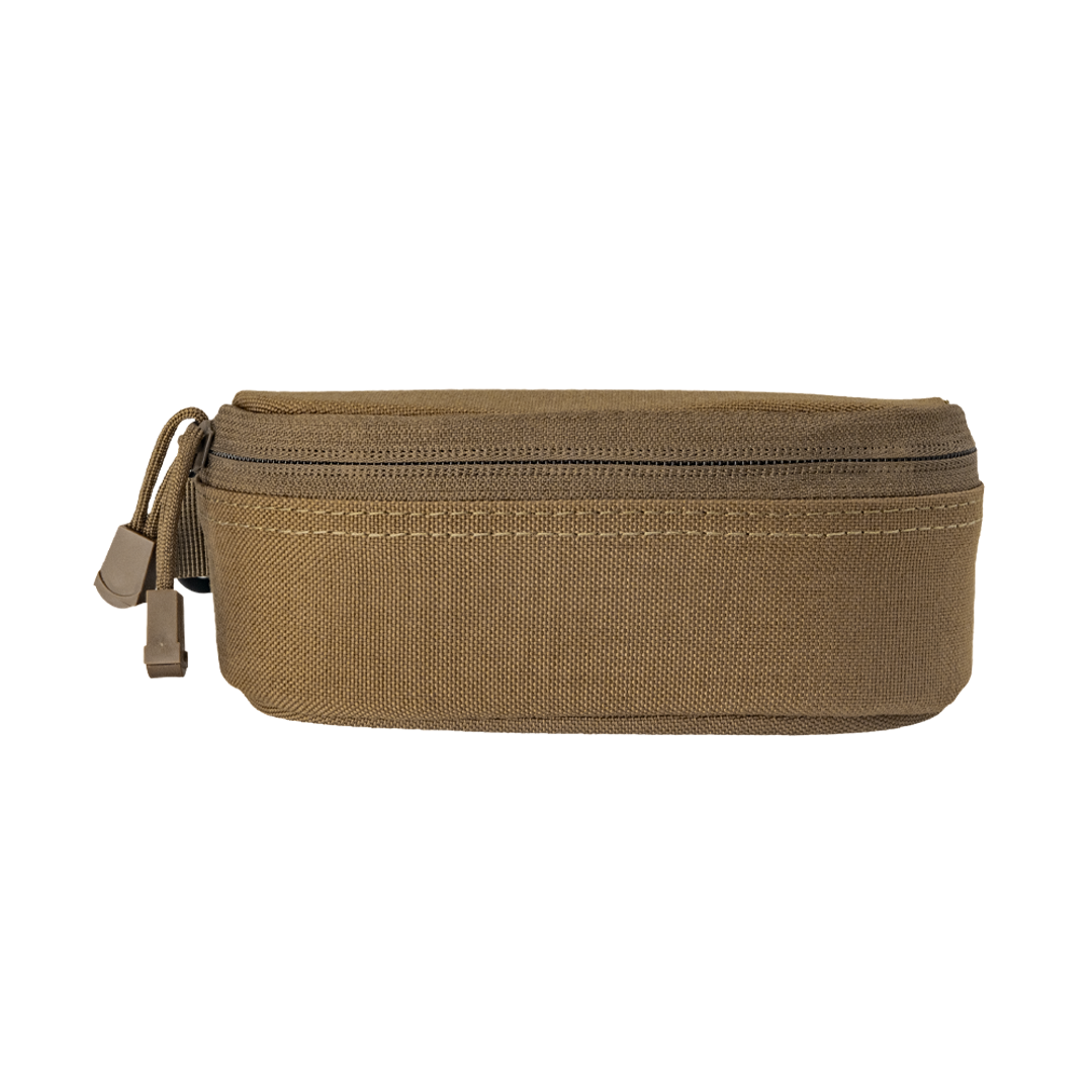 The Condor Sunglasses Case is a small, rectangular, khaki zippered pouch with dual zipper pulls and a fabric handle on one side, displayed against a white background.