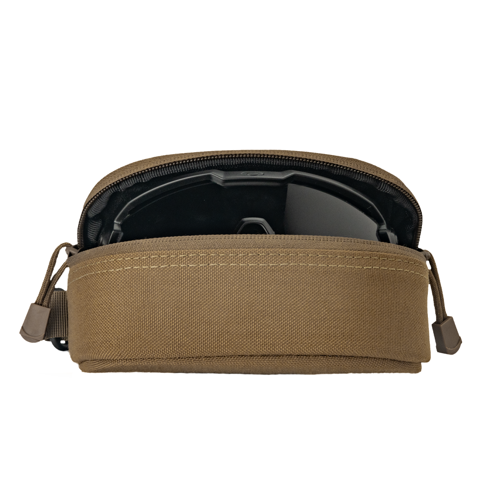 A tan Condor Sunglasses Case with a zipper is partially open, showing a black object inside against a plain white background.
