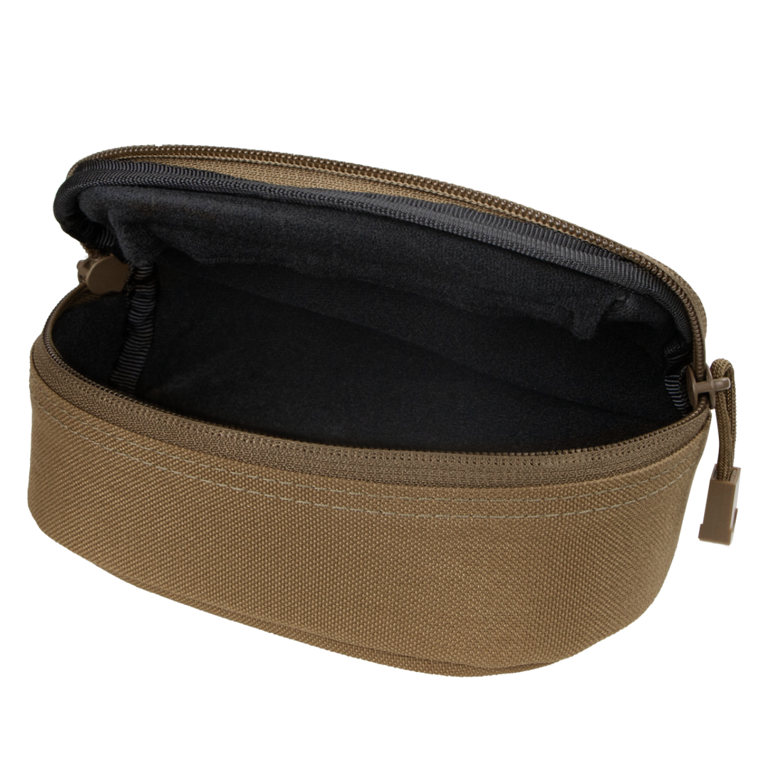 The Condor Sunglasses Case is a small brown zippered pouch with its top open, revealing a black interior lining.