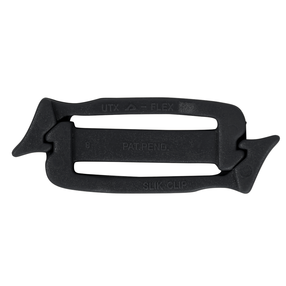 The UTX Siamese Slik Clip (10 Pack) features a flexible black plastic design, ideal for tactical and military use—perfect for first responders attaching gear or accessories to webbing or straps.