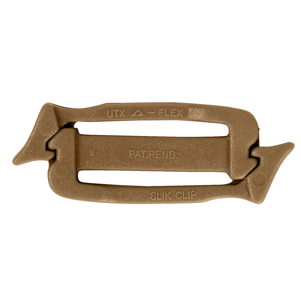 The UTX Siamese Slik Clip (10 Pack) features tan plastic clips with a rectangular center and hook-shaped ends—perfect for tactical gear or military use.