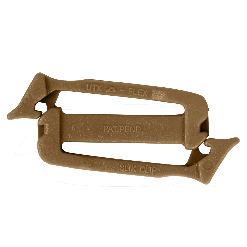 The UTX Siamese Slik Clip (10 Pack) is a brown plastic clip with patent pending marking, designed for secure gear attachment—perfect for military or law enforcement use.
