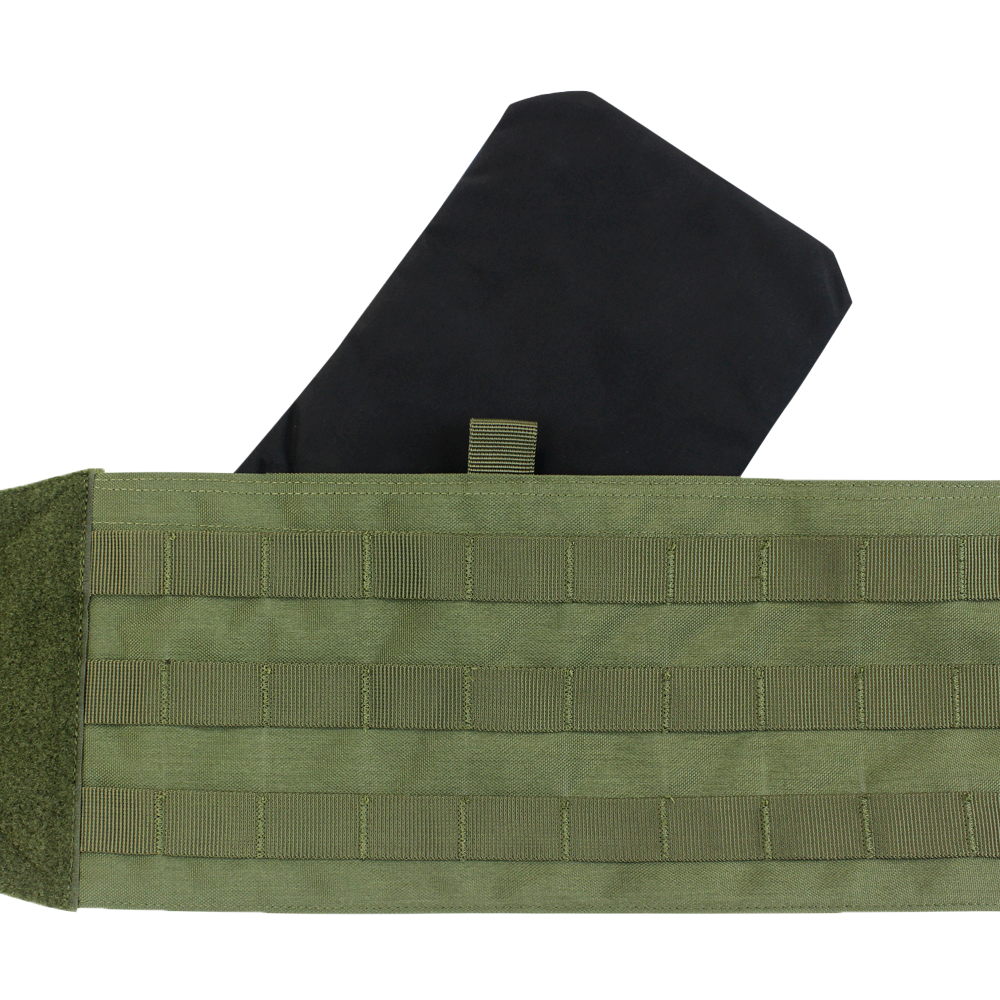 The Condor VAS Modular Cummerbund in green features horizontal webbing and comes with a black rectangular panel partially inserted behind it.