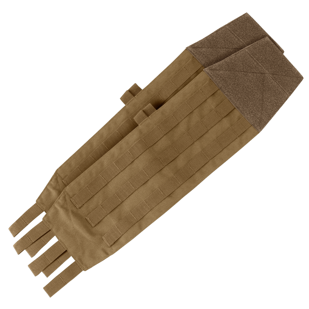 The Condor VAS Modular Cummerbund in tan is shown laid flat, featuring multiple MOLLE attachment loops and hook-and-loop fasteners. Now on sale.