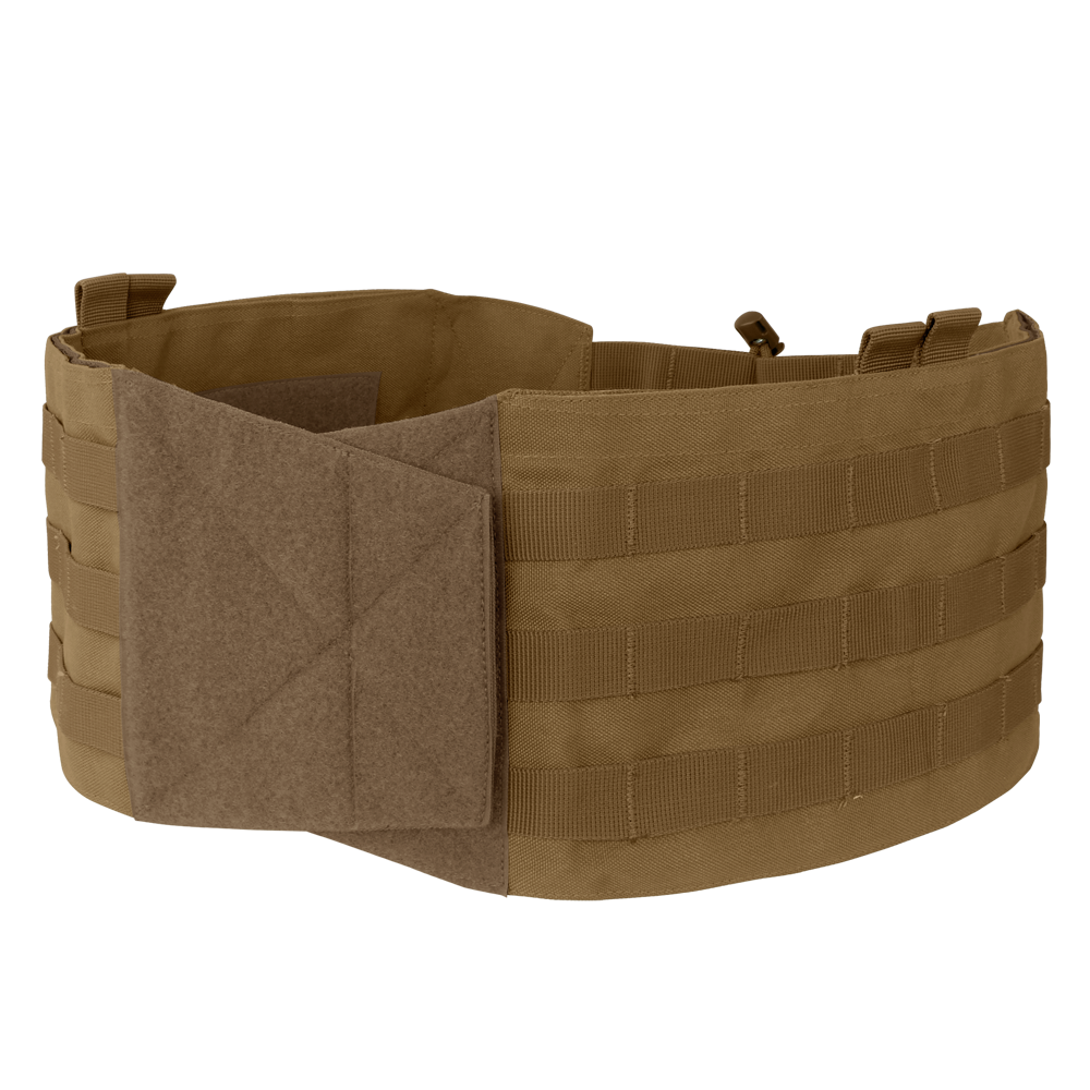 The Condor VAS Modular Cummerbund | SALE is a tan tactical MOLLE belt with a partially open Velcro flap, featuring horizontal webbing for attaching gear.