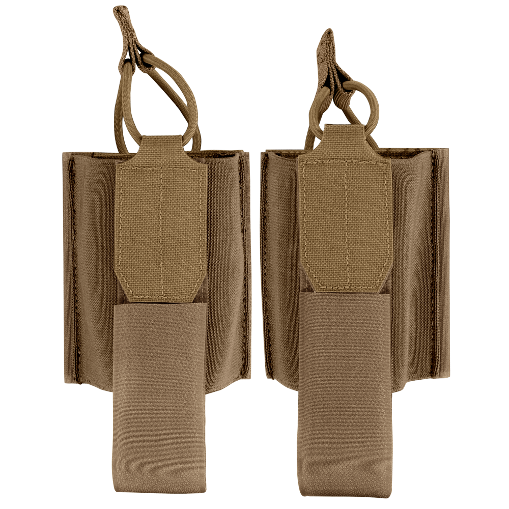 Two Condor VAS Wing Pouches in tan nylon with elastic retention straps and pull tabs for magazines or similar items, ideal for tactical use, displayed against a plain background.