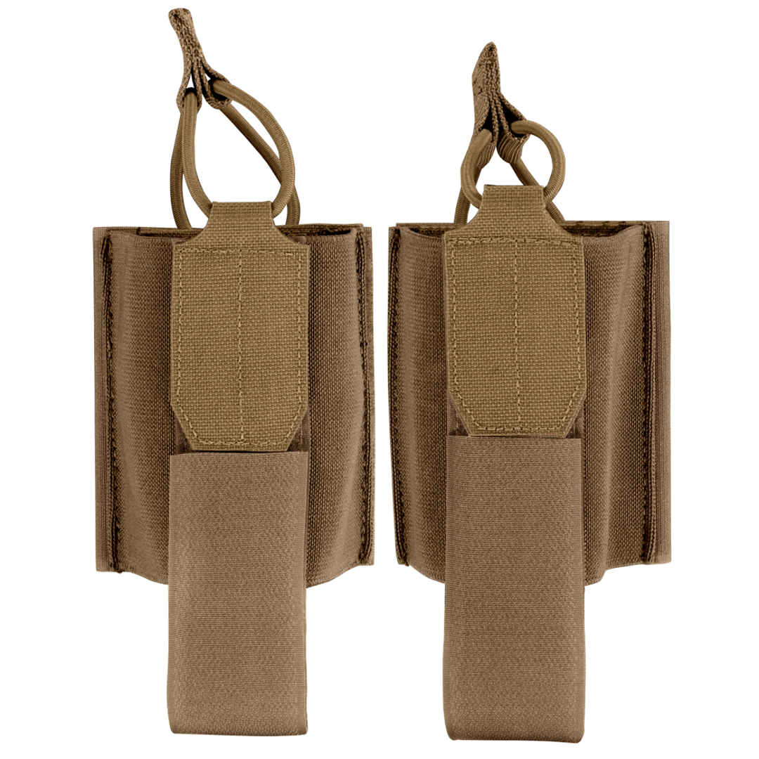 Two Condor VAS Wing Pouches in tan nylon with elastic retention straps and pull tabs for magazines or similar items, ideal for tactical use, displayed against a plain background.