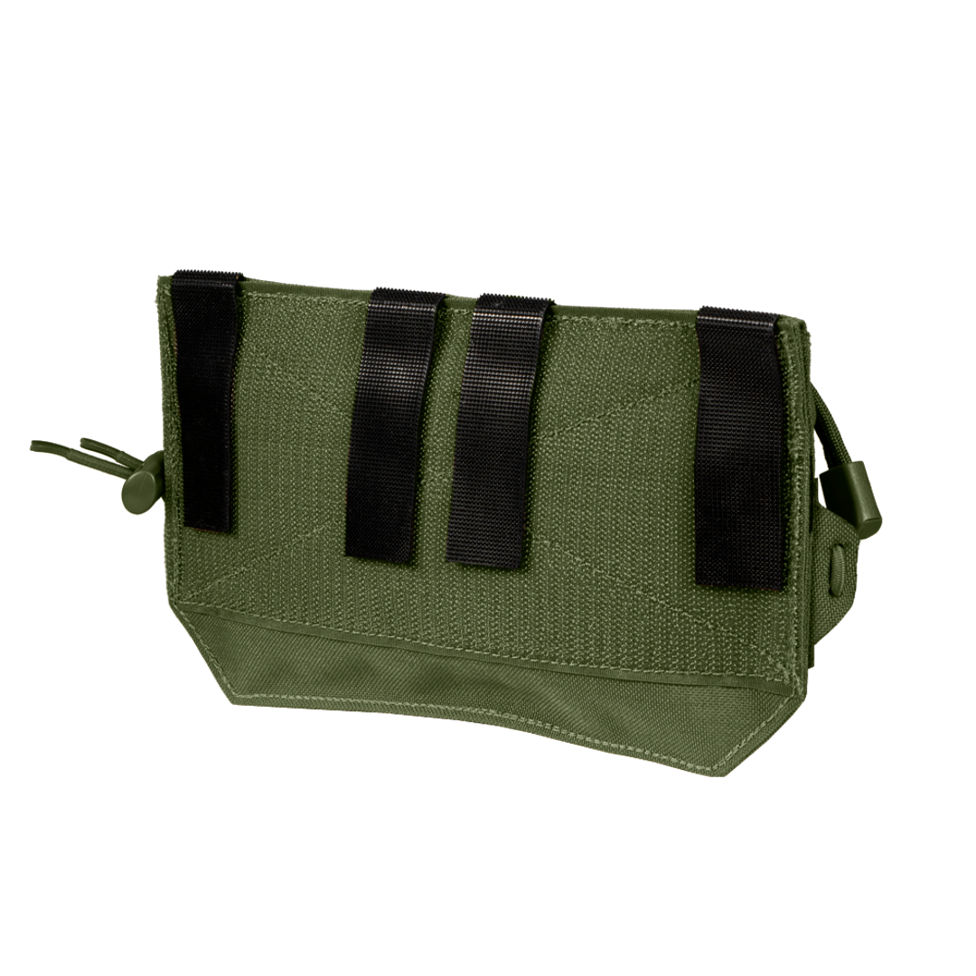The Condor VA Admin Pouch is a green tactical pouch with three black straps and a zippered closure, designed for easy attachment to gear or bags.