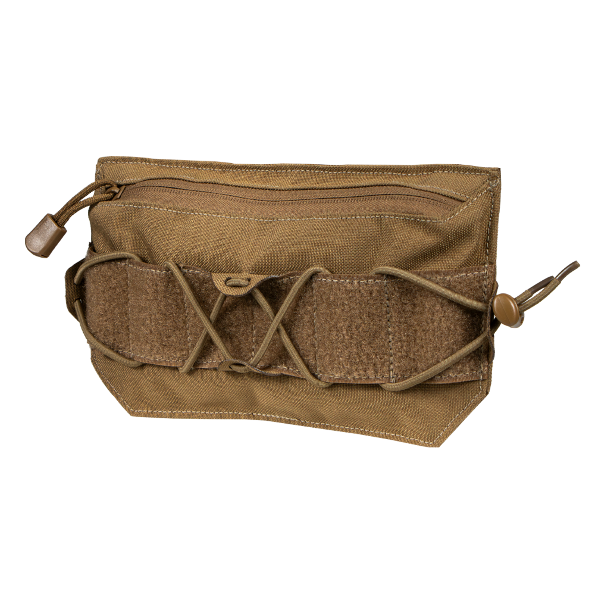 The Condor VA Admin Pouch is a tan tactical pouch with a zippered main compartment, front hook-and-loop panel, and an adjustable elastic cord on the front for securing items.