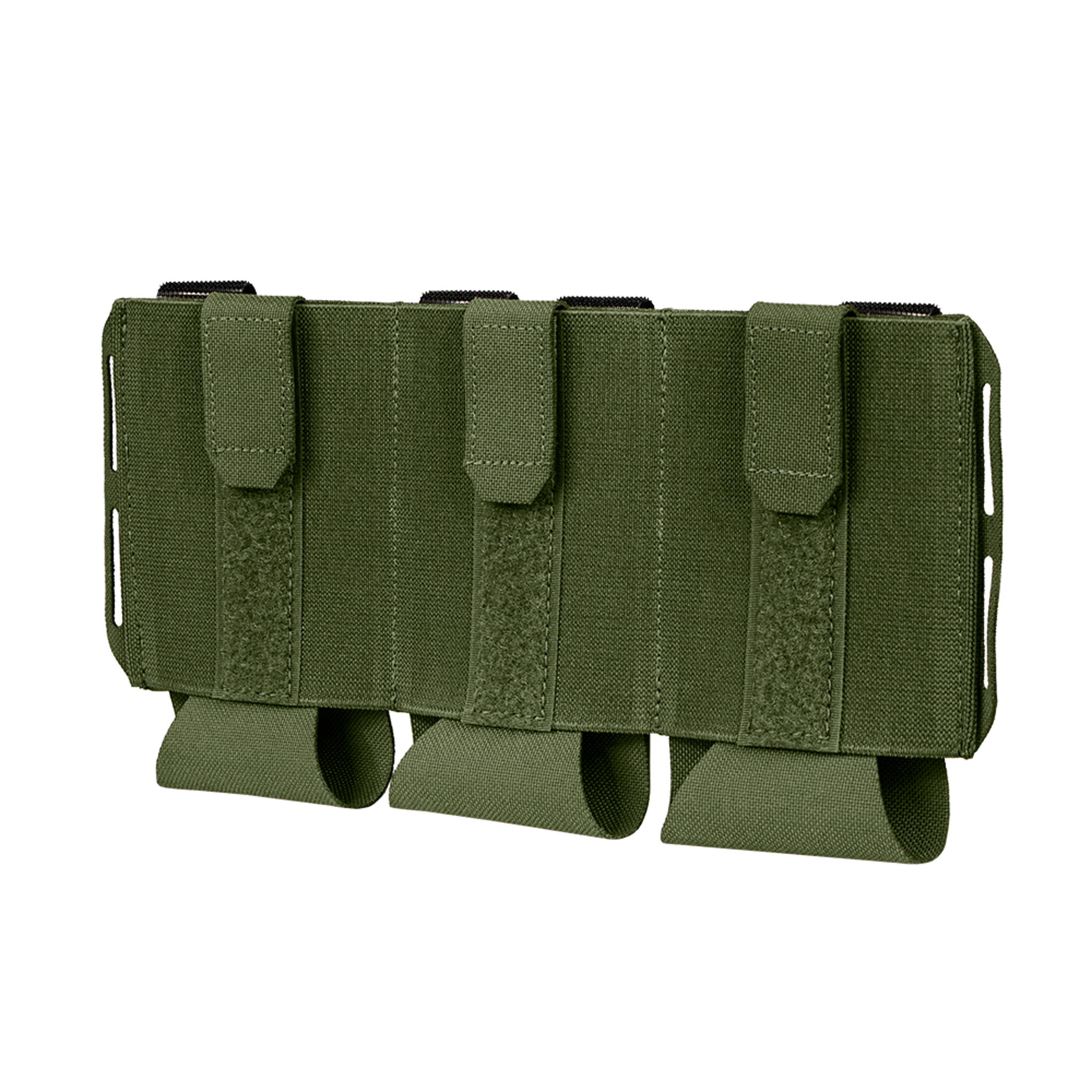 The Condor VAS Flex Placard is an olive green tactical nylon magazine pouch with three compartments and Velcro flaps, designed to attach to MOLLE gear.