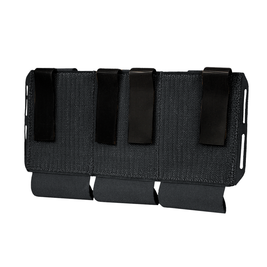 The Condor VAS Flex Placard is a black, rectangular tactical gear pouch made of durable fabric, featuring four vertical straps and three looped flaps.