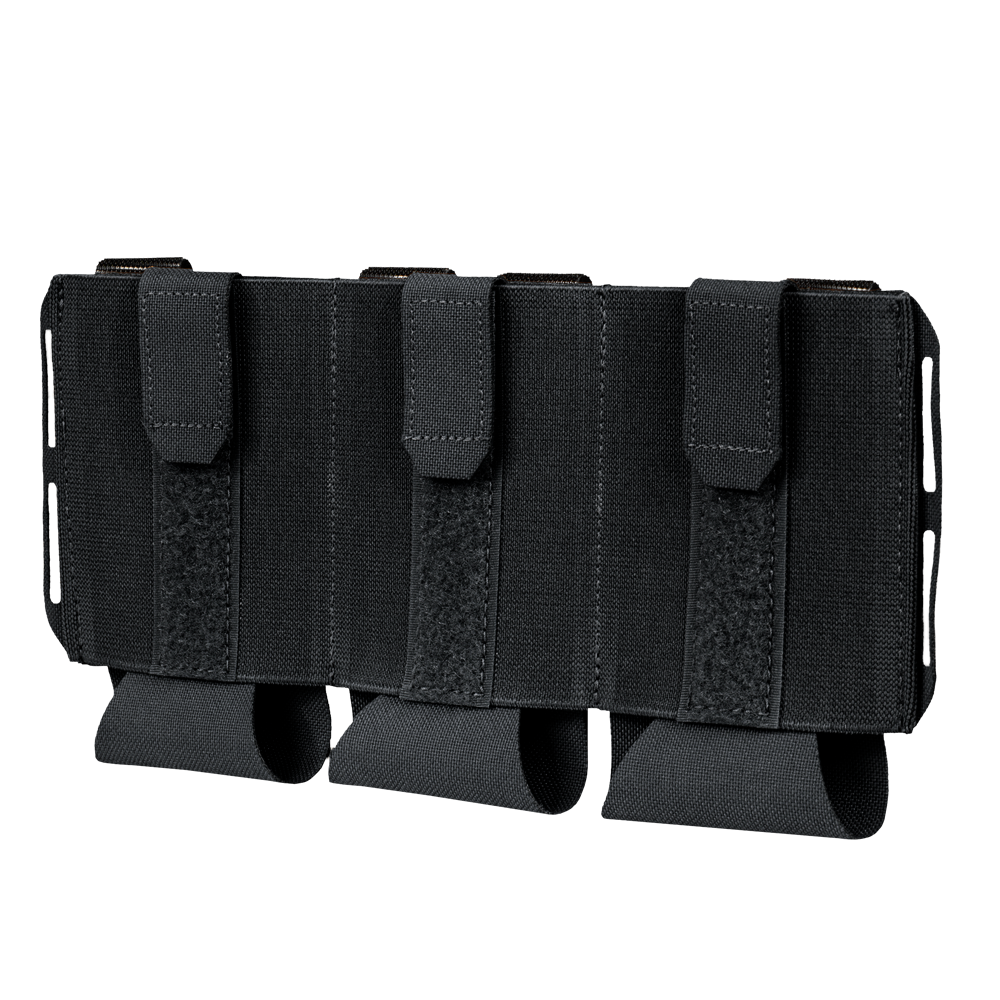 The Condor VAS Flex Placard is a black tactical pouch with three compartments and hook-and-loop closures, ideal for organizing magazines or similar items.