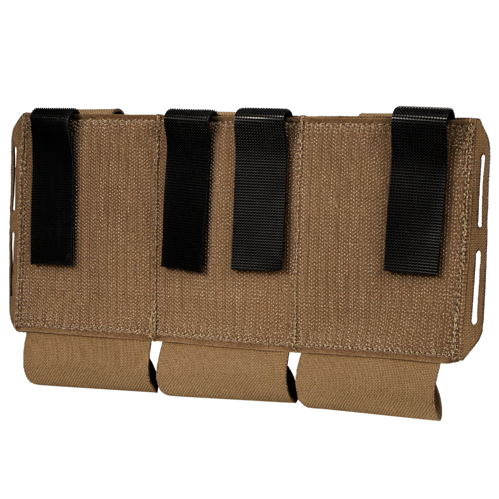 The Condor VAS Flex Placard is a tan tactical pouch with three compartments secured by black straps, designed to attach easily to modular gear systems.