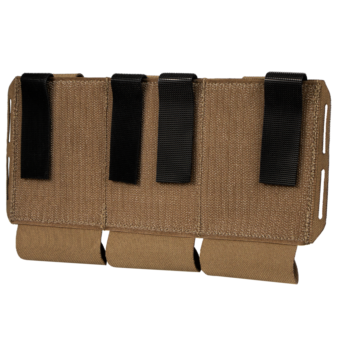 The Condor VAS Flex Placard is a tan tactical pouch with three compartments secured by black straps, designed to attach easily to modular gear systems.