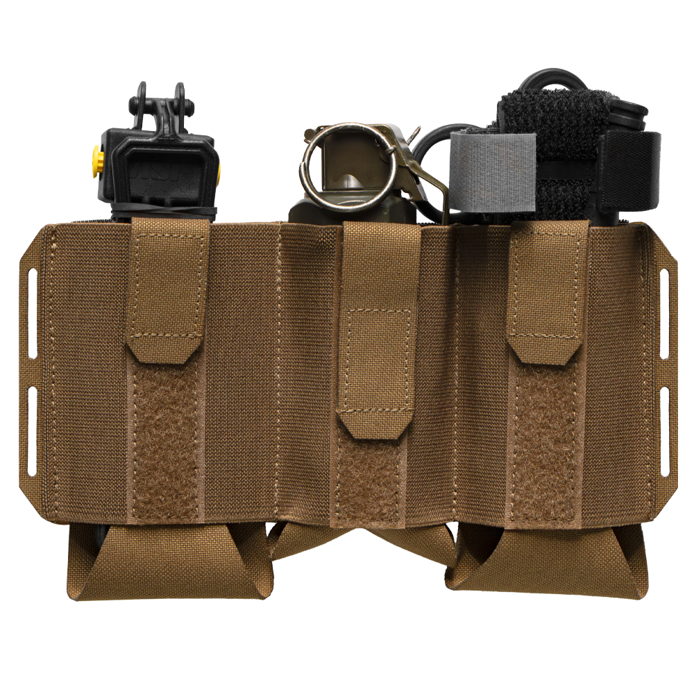 The Condor VAS Flex Placard is a brown tactical gear pouch with three compartments for a tourniquet, trauma shears, and multitool, shown against a white background.